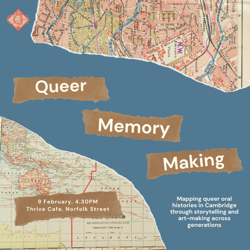 Queer Memory Making graphic with map collages and the CamQueerHistory logo